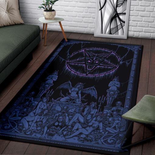 Satanic Pentagram Skull Sexy Winged Demon Welcome To Hell's Pearly Pleasure Gates Area Rug Erotic Blue Pink