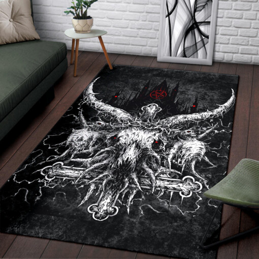 Skull Satanic crowned Goat Inverted Cross With Inverted Pentagram Night Church Area Rug