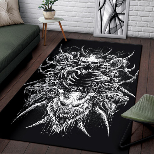Skull Demon Wolf Area Rug Large Print Original Black And White
