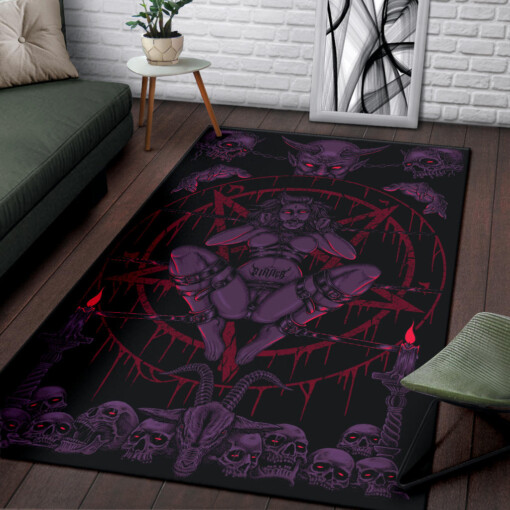 Skull Demon Satanic Baphomet Goat Satanic Pentagram Chained To Sin And Lovin It Watching Over The Sinner Area Rug Awesome Glowing Purple