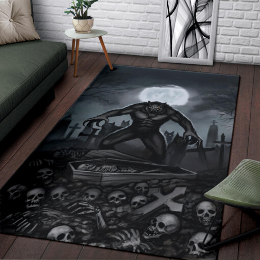 Skull Skeleton Werewolf Pack Creepy Moon light Graveyard Area Rug