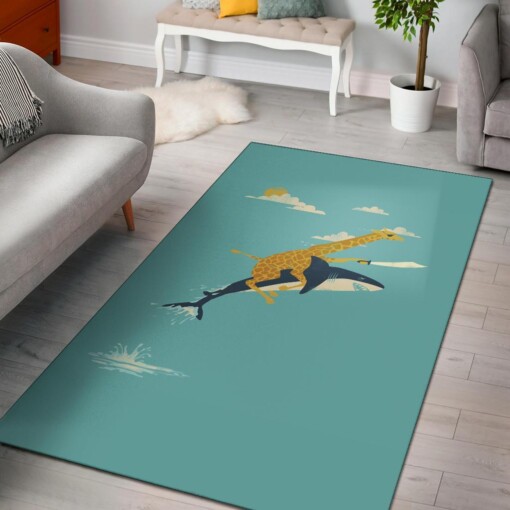 Giraffe Riding Shark Area Rug