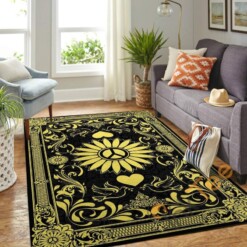 Peace Sign In The Sunflower Black  Golden Pattern Hippie Soft Livingroom Carpet Highlight For Home Rug