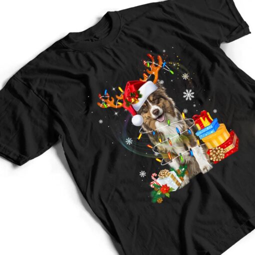 Australian Shepherd Dog Lights Santa Hat  Christmas T Shirt