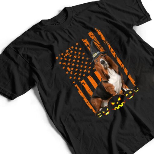 Basset Hound Dog Pumpkin American Flag Witch Hat Halloween T Shirt