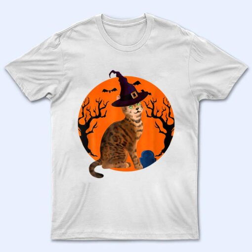 Bengal Cat Halloween Witch Hat And Moon T Shirt