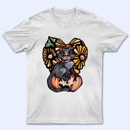 Black Cat Pumpkin Jack O Lantern Daisy T Shirt