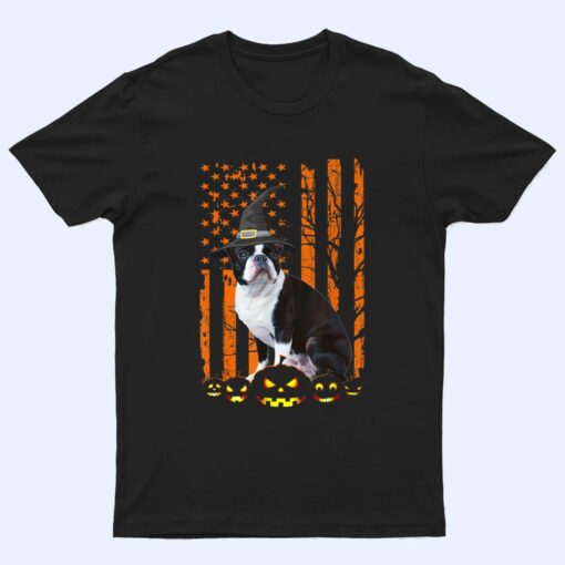 Boston Terrier Dog Pumpkin American Flag Witch Halloween T Shirt