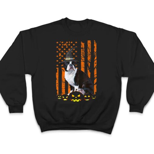 Boston Terrier Dog Pumpkin American Flag Witch Halloween T Shirt