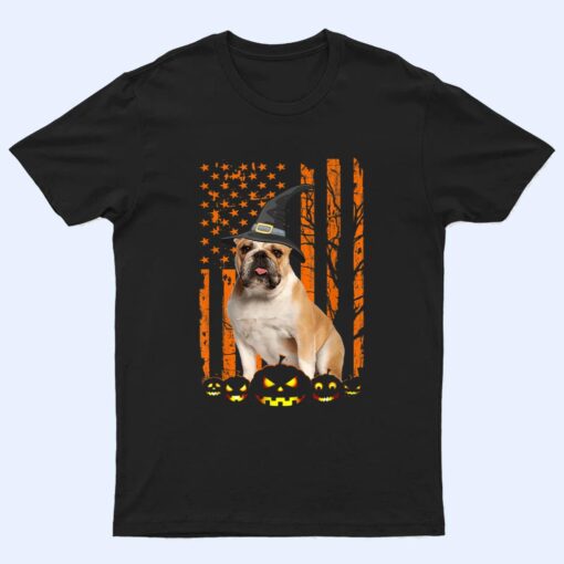 Bulldog Dog Pumpkin American Flag Vintage Halloween Witch T Shirt