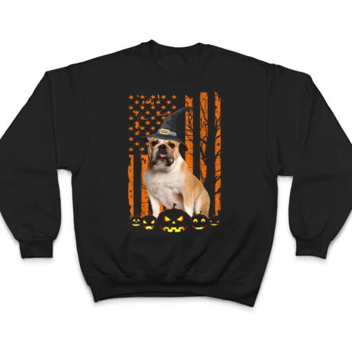 Bulldog Dog Pumpkin American Flag Vintage Halloween Witch T Shirt