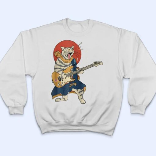 Cat Playing Guitar Ukiyo E Samurai Japanese Warrior T Shirt