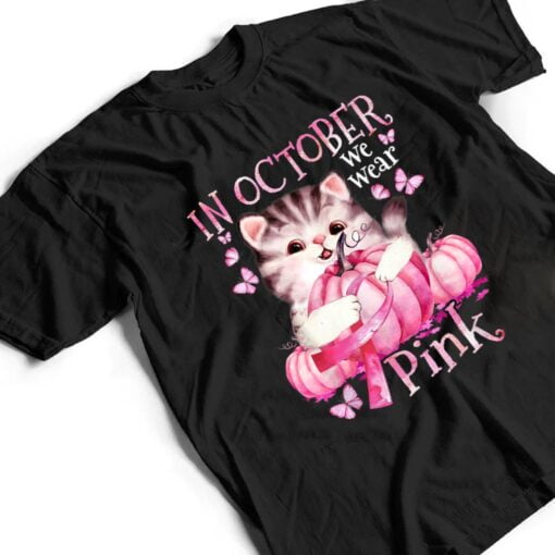 Cat Pumpkin Halloween In October We Wear Pink Breast Cancer T Shirt
