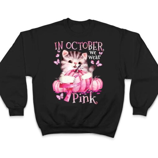 Cat Pumpkin Halloween In October We Wear Pink Breast Cancer T Shirt