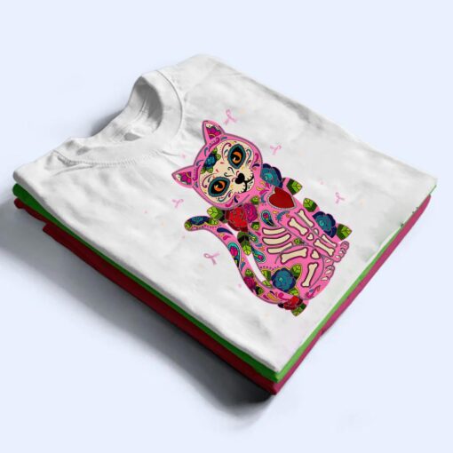 Cat Sugar Skull Mexico Breast Cancer Pink Ribbon T Shirt