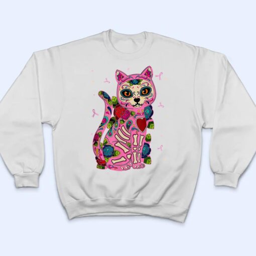 Cat Sugar Skull Mexico Breast Cancer Pink Ribbon T Shirt