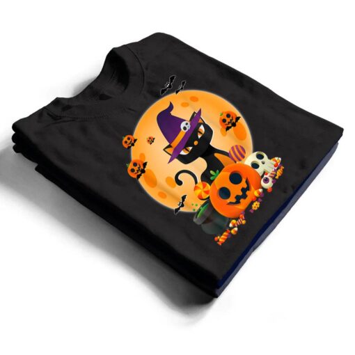 Cat With Witch Hat Pumpkin Bat Moon Cat Funny Halloween T Shirt