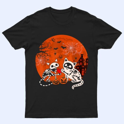 Couple Skeleton Horror Cats Halloween Couple Cat Owner Lover T Shirt