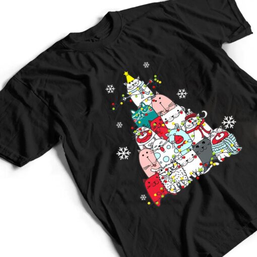 Cute Cat Christmas Tree Lights Snow Xmas Pajama Cat Lover T Shirt