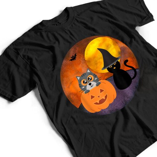 Cute Halloween Cat Scene Witch Pumpkin Bat Full Moon T Shirt