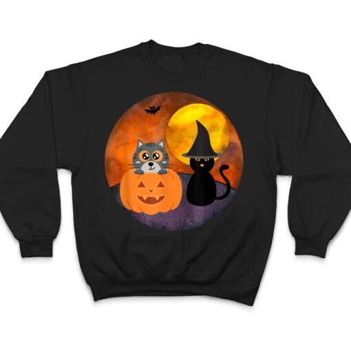 Cute Halloween Cat Scene Witch Pumpkin Bat Full Moon T Shirt