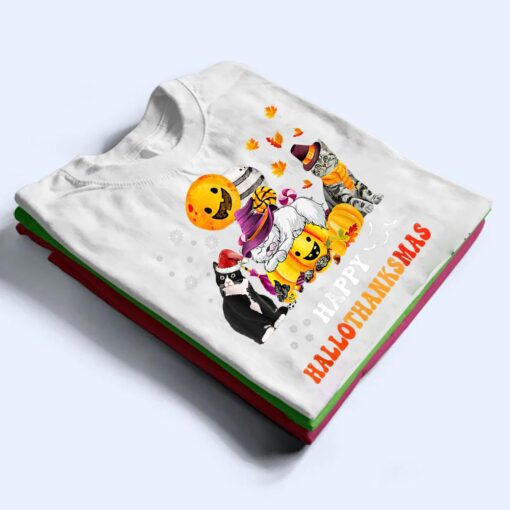 Cute Lazy Cat With Pumpkin Happy Hallowthanksmas T Shirt