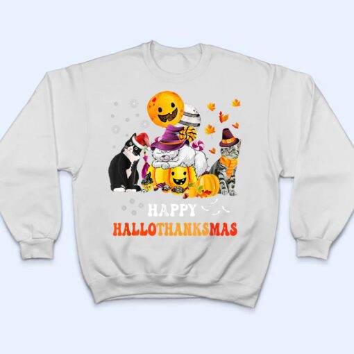 Cute Lazy Cat With Pumpkin Happy Hallowthanksmas T Shirt