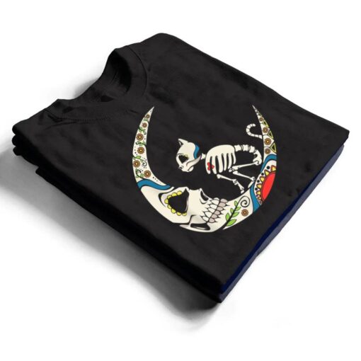 Dia De Los Muertos Crescent Moon And Cat Sugar Skull T Shirt