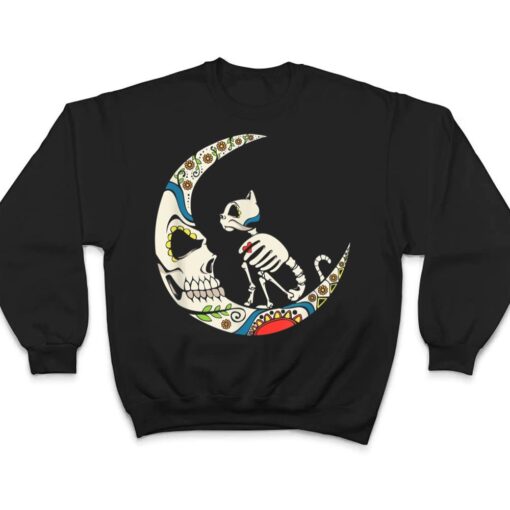 Dia De Los Muertos Crescent Moon And Cat Sugar Skull T Shirt