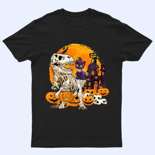 Dinosaur Skeleton Pumpkin With Moon Halloween Cat Witchy T Shirt