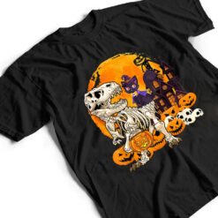 Dinosaur Skeleton Pumpkin With Moon Halloween Cat Witchy T Shirt - Dream Art Europa