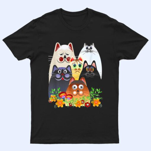 Funny Cat Happy Colorful Flowers T Shirt