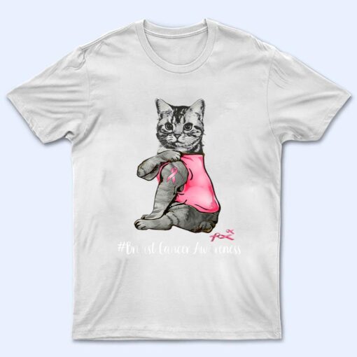 Funny Cat Pink Ribbon In October We Wear Pink Breast Cancer T Shirt