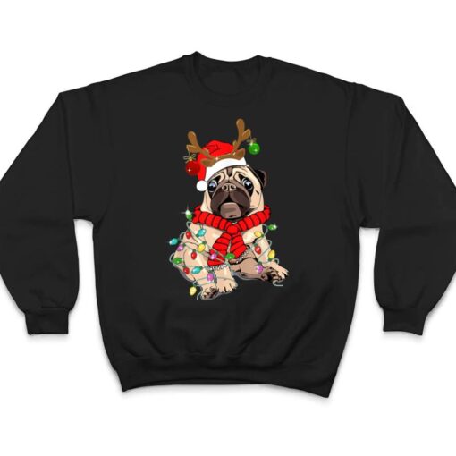 Funny Pug Dog Reindeer Antlers Lights Christmas Pajama Xmas T Shirt