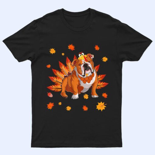 Funny Turkey English Bulldog Dog Maple Leaf Thanksgiving Day T Shirt