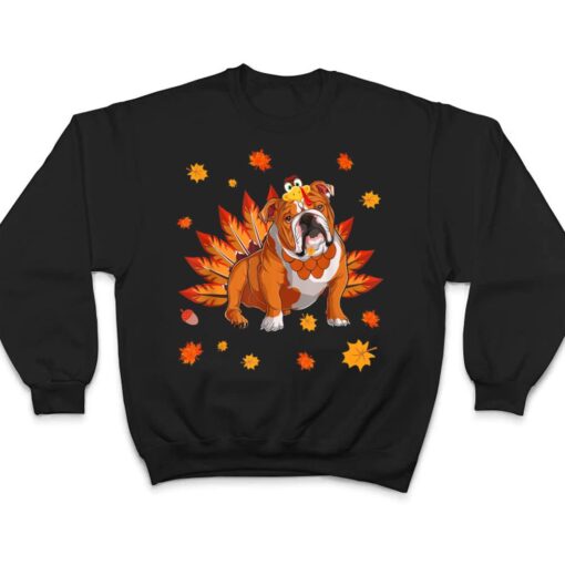 Funny Turkey English Bulldog Dog Maple Leaf Thanksgiving Day T Shirt