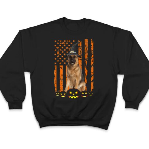 German Shepherd Dog Pumpkin American Flag Witch Halloween T Shirt