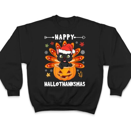 Happy Hallothanksmas Cat Turkey Cat Thanksgiving Christmas T Shirt