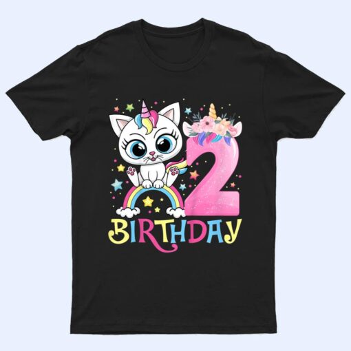 Kids Cute Cat Unicorn Face Floral 2 Year Old 2nd Birthday Girls T Shirt