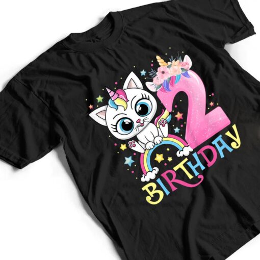 Kids Cute Cat Unicorn Face Floral 2 Year Old 2nd Birthday Girls T Shirt