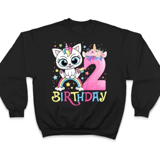 Kids Cute Cat Unicorn Face Floral 2 Year Old 2nd Birthday Girls T Shirt