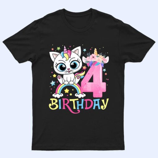 Kids Cute Cat Unicorn Face Floral 4 Year Old 4th Birthday Girls T Shirt