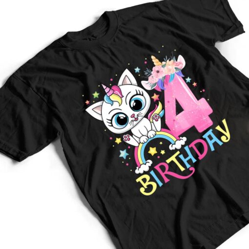 Kids Cute Cat Unicorn Face Floral 4 Year Old 4th Birthday Girls T Shirt