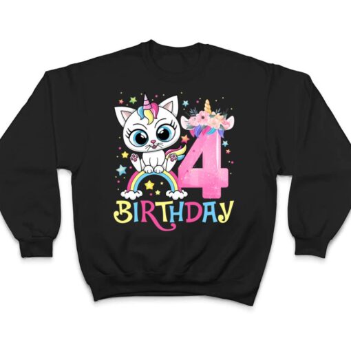 Kids Cute Cat Unicorn Face Floral 4 Year Old 4th Birthday Girls T Shirt