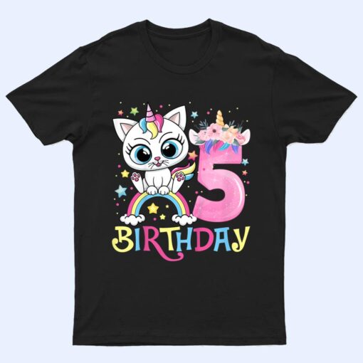 Kids Cute Cat Unicorn Face Floral 5 Year Old 5th Birthday Girls T Shirt