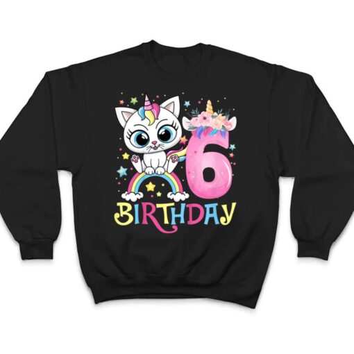 Kids Cute Cat Unicorn Face Floral 6 Year Old 6th Birthday Girls T Shirt