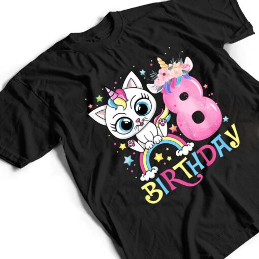 Kids Cute Cat Unicorn Face Floral 8 Year Old 8th Birthday Girls T Shirt