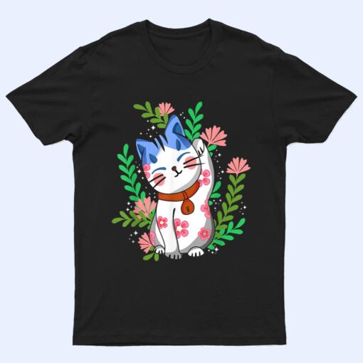 Maneki neko Lucky Japanese Cat Floral Botanical T Shirt