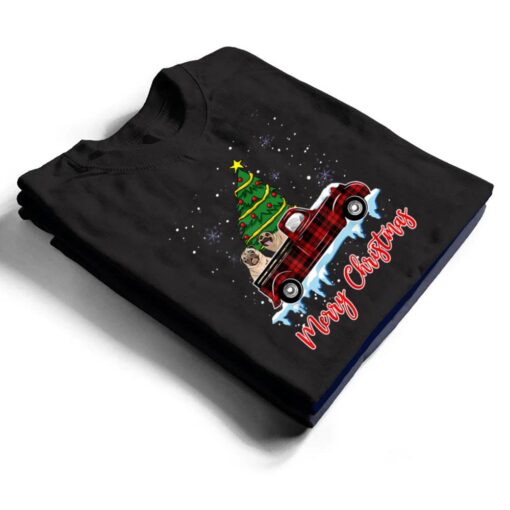 Merry Christmas Bulldog Xmas Plaid Red Truck Tree on Car T Shirt