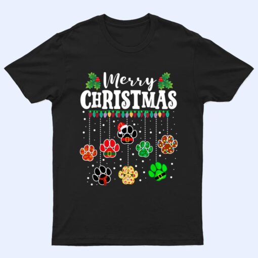 Merry Christmas Dog Paw Print Funny Xmas Light Family Pajama T Shirt